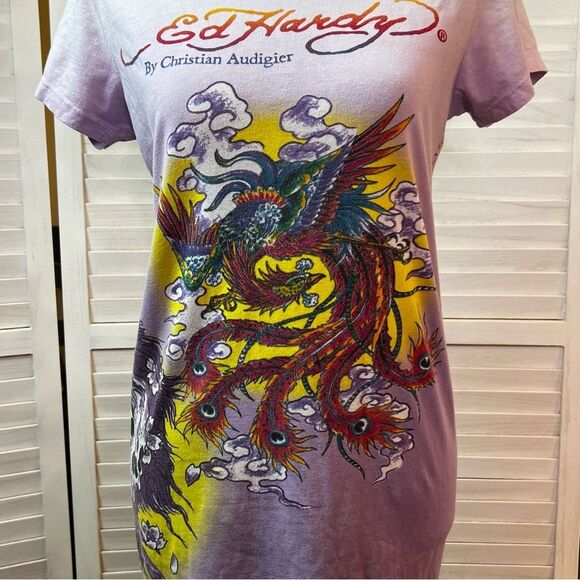 Ed Hardy Y2K Dragon & Skull Tattoo Graphic Tee Dress Small - Picture 2 of 13